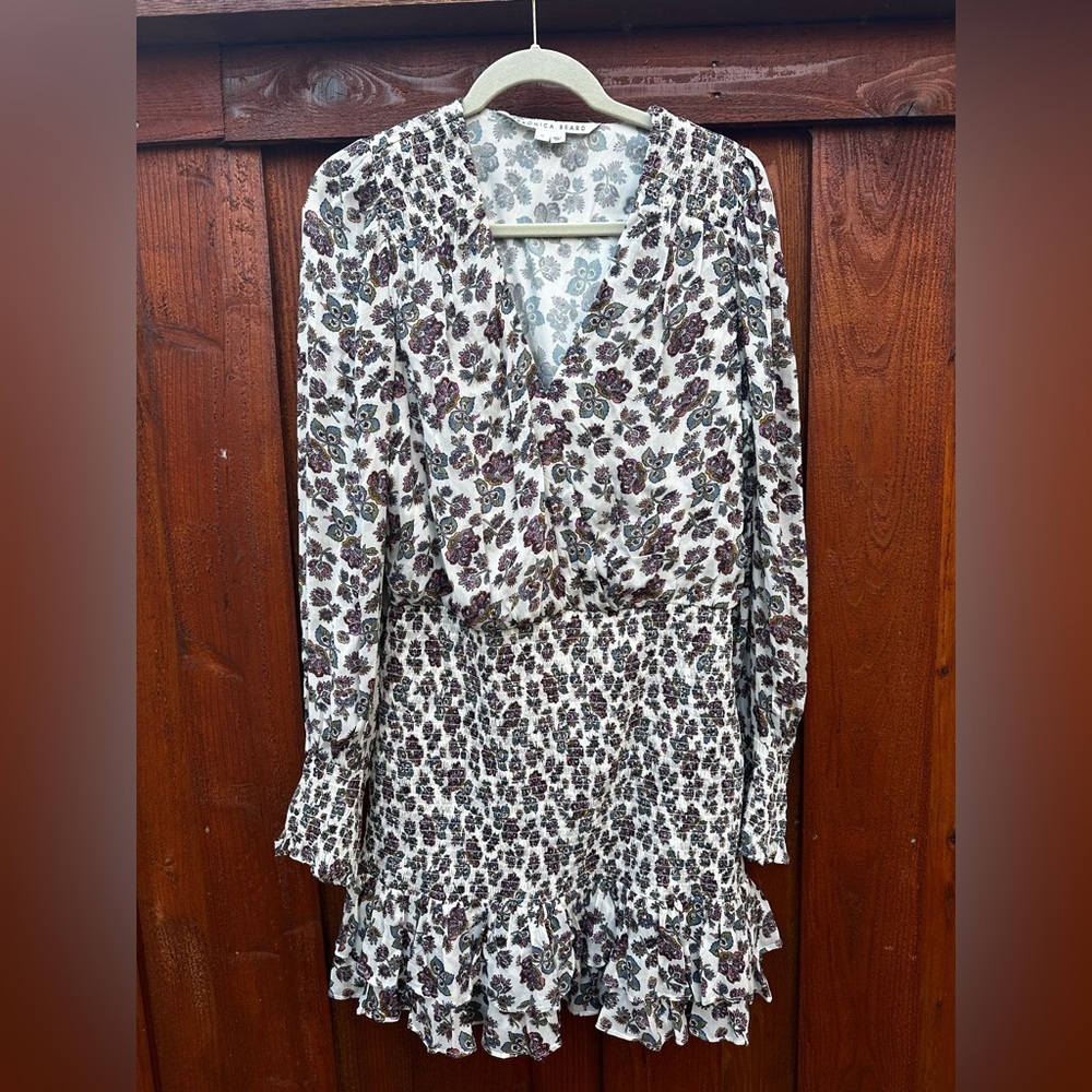 Veronica Beard White Floral Print Long Sleeve Dress